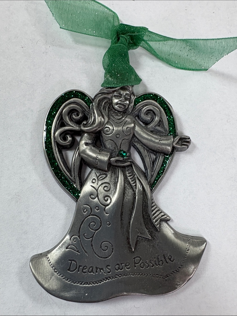 Silver Angel Ornament with Green Heart Accent